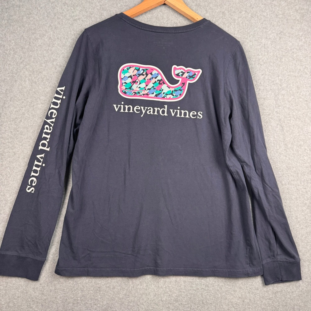 Vineyard Vines Long Sleeve T Shirt Womens Medium Navy Blue Camo Whale Pocket Tee